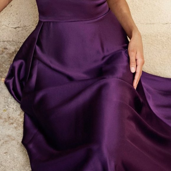 NEW EGGPLANT LONG OFF THE SHOULDER SLEEVELESS SATIN DRESS WITH ZIPPER BACK CJ523 - Picture 5 of 7